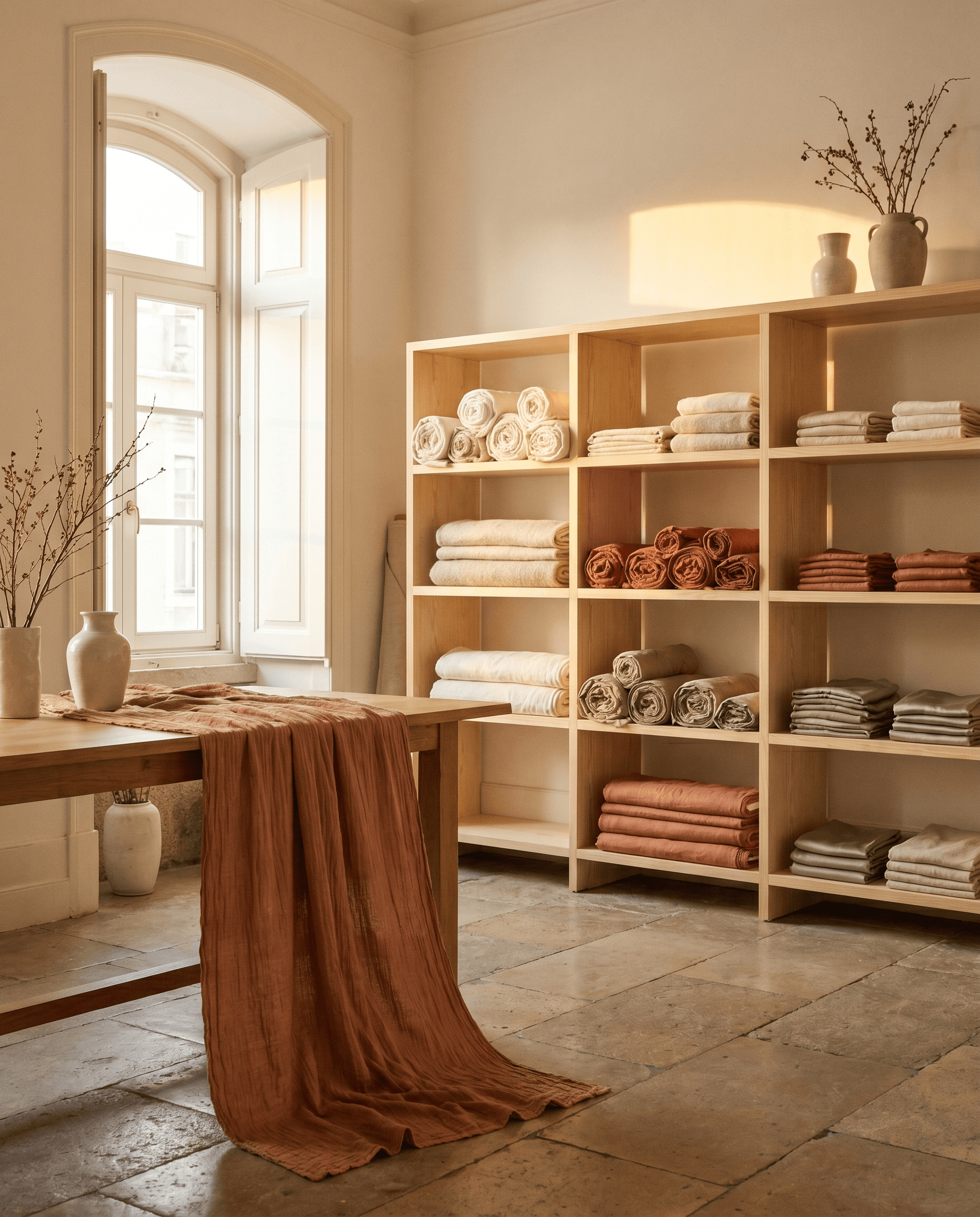 UNICOTEXTEIS: a sunlit Lisbon textile atelier with rolls of fabric in warm tones