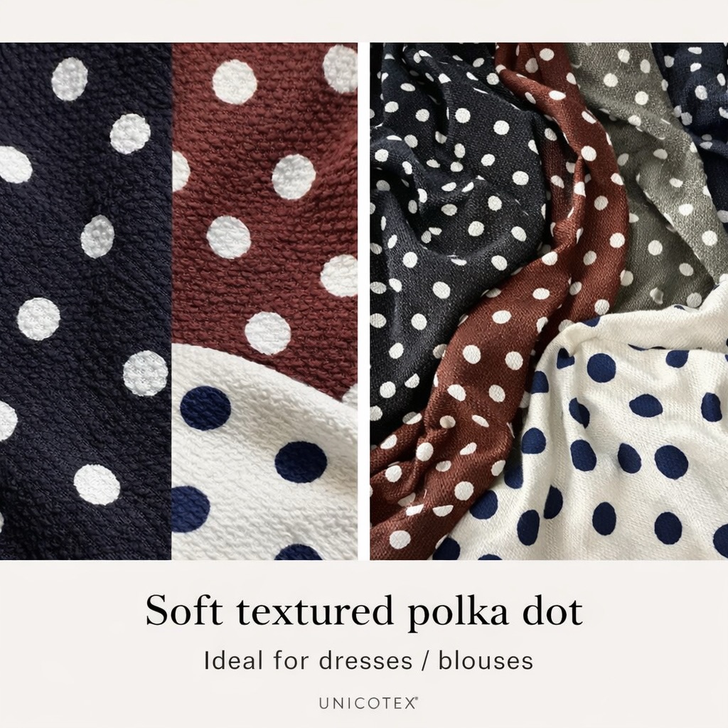 Soft textured polka dot fabrics for dresses and blouses
